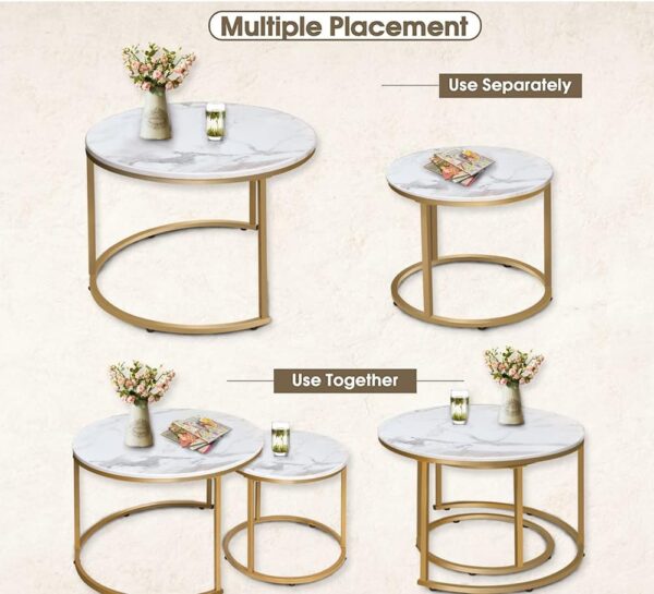 aboxoo Coffee Table Nesting White Set of 2 Side Set Golden Frame Circular Round and Marble Pattern Wooden Tables, Living Room Bedroom Apartment Modern Industrial Simple Nightstand - Image 4