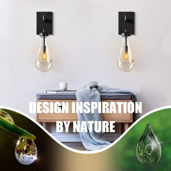 Raindrop sconces Wall Lighting,sconces Wall Decor Set of 2,Matte Black Wall Lamp with Hand Blown Solid Glass Perfect for Bedroom, Living Room,Vanity,Hallway - Image 3
