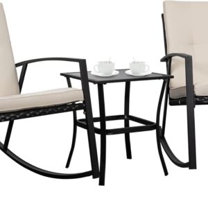 Shintenchi 3 Pieces Rocking Bistro Set Wicker Patio Outdoor Furniture, 2 Rattan Porch Chairs Conversation Sets with Glass Coffee Table (Beige)