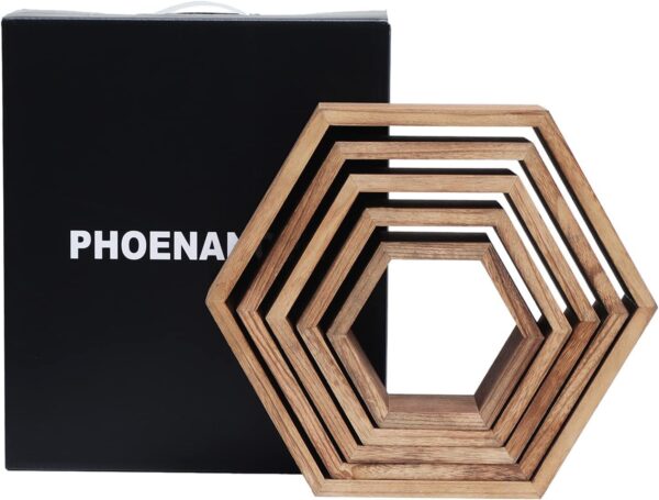 PHOENANCEE Hexagon Floating Shelves,Honeycomb Shelf Set of 5,Octagon Shelves Wall Mounted Hanging Storage Cube Wood for Bathroom Kitchen Bedroom Living Room Office Home - Image 6