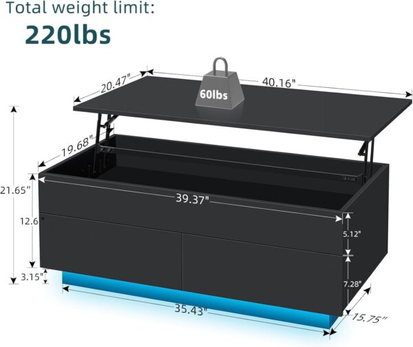 HOMMPA Lift Top Coffee Table with LED Light Morden Coffee Table with Storage High Gloss Black Coffee Table for Living Room Tea Table with Storage Center Tables Hidden Compartment & 2 Drawers - Image 2