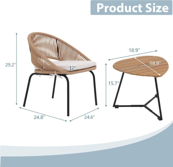 Yangming Patio Furniture Set, 3 Piece Outdoor Bistro Chair Conversation Sets Woven Rope with Wood Coffee Table for Yard Backyard Lawn Garden Porch Backyard Deck Poolside Balcony - Image 7
