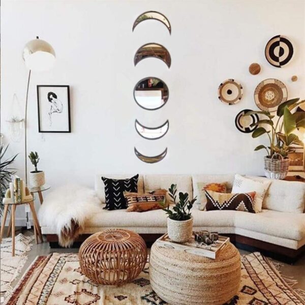 5 Pieces Scandinavian Natural Decor Acrylic Wall Decorative Mirror Interior Design Wooden Moon Phase Mirror Bohemian Wall Decoration for Home Living Room Bedroom Decor - Acrylic,Not Real Mirror(Beige) - Image 4
