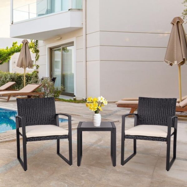 Shintenchi 3 Pieces Outdoor Patio Furniture Set Modern Black Wicker Bistro Set Rattan Chair Conversation with Coffee Table for Yard Porch Poolside Lawn(Beige) - Image 5