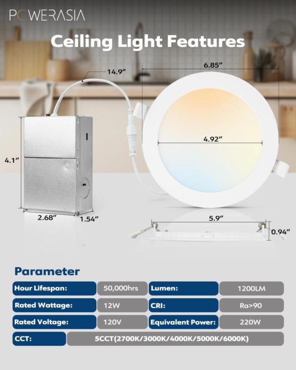 6 Pack 6 Inch LED Recessed Lights with Junction Box, Recessed Lighting 6 Inch 5CCT Dimmable 2700K-6000K,15W 1200lm Canless Downlight-ETL and Energy Star Certified - Image 2