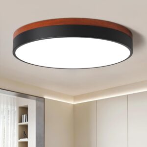 LED Ceiling Light Dimmable, Black and Wood Flush Mount Ceiling Light Fixture 5CCT in One, Minimalist Round Ceiling Lamp Modern Lighting for Kitchen, Bedroom, Hallway, Living Room, 15.7 Inch