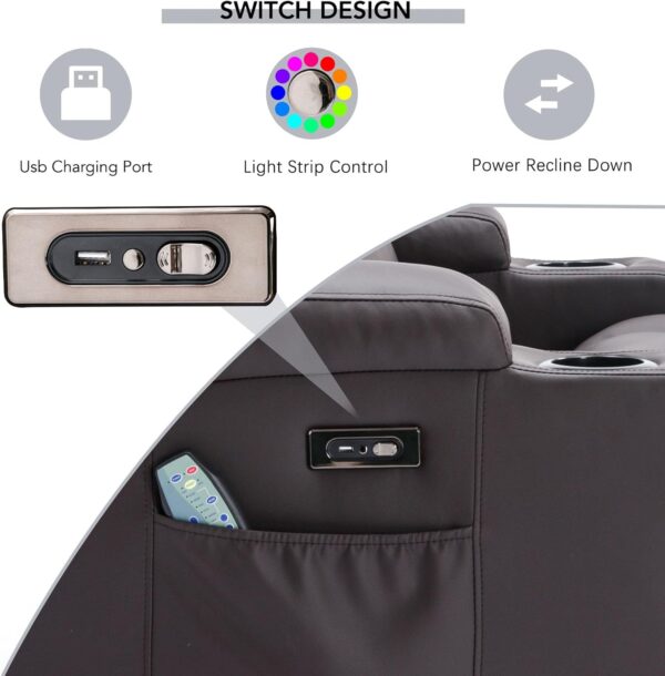 Leather Power Recliner Chair Set with Multi-Functional Console, LED Light Theater Seating Double Recliner with Massage and Heat, Cup Holders/Charging/Free Pillows (Brown, Single Chair) - Image 6