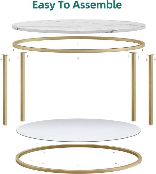 YITAHOME White Marble Round Coffee Table with Glass for Living Room, 2-Tier Circle Coffee Table with Storage Clear Coffee Table, Simple Modern Center Cocktail Table, White & Gold - Image 4