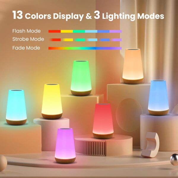 THAUSDAS Night Light, Dimmable Touch Lamp for Bedroom, Portable Table Bedside Lamp, 5 Brightness 13 RGB Colors, Night Lights for Baby Nursery Bathroom - Image 2
