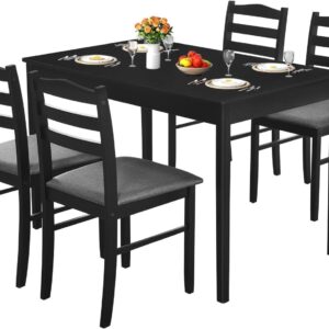 Dining Table Set for 4, 5-Piece Wood Modern Rectangular Dining Table Set for Home with 4 Upholstered Chairs, Kitchen Table and Chairs Set of 4 with Rubberwood Legs for Dining Room (Black)
