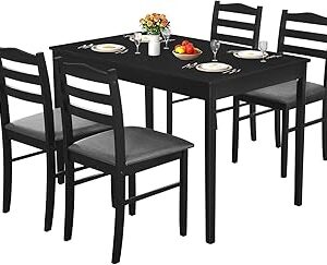 Dining Table Set for 4, 5-Piece Wood Modern Rectangular Dining Table Set for Home with 4 Upholstered Chairs, Kitchen Table and Chairs Set of 4 with Rubberwood Legs for Dining Room (Black)