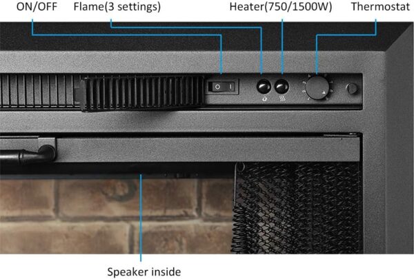 PuraFlame Klaus Electric Fireplace Insert with Fire Crackling Sound, Glass Door and Mesh Screen, 750/1500W, Black, 33 1/16 Inches Wide, 25 9/16 Inches High - Image 5