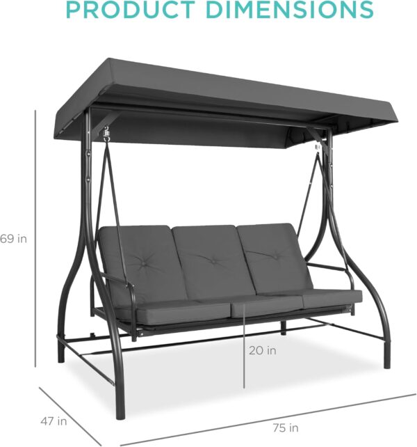 Best Choice Products 3-Seat Outdoor Large Converting Canopy Swing Glider, Patio Hammock Lounge Chair for Porch, Backyard w/Flatbed, Adjustable Shade, Removable Cushions - Gray - Image 7