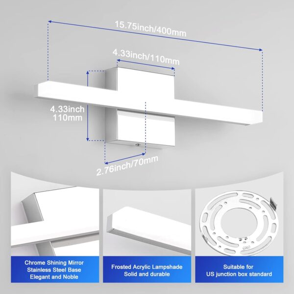 Combuh Modern Bathroom Light Fixtures Over Mirror 16 Inch IP44 9W Chrome Bathroom Vanity Light Bar for Bathroom Wall Sconce Cool White 6000K - Image 6