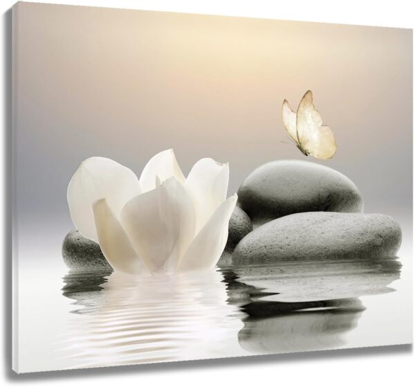 EOBTAIN Zen Stone Canvas Wall Art White Flower and Yellow Butterfly on Lake Wall Art for Bathroom Living Room Bedroom Modern Spiritual Yoga Spa Picture Wall Decor Framed Bedroom Wall Art,16x12 Inches