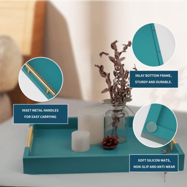 Wooden Decorative Coffee Table Tray, 16" Serving Tray with Handles, Matte Finish Decorative Tray, Ottoman Tray for Living Room, Perfume, Vanity Dresser Organizer (Teal Green) - Image 2