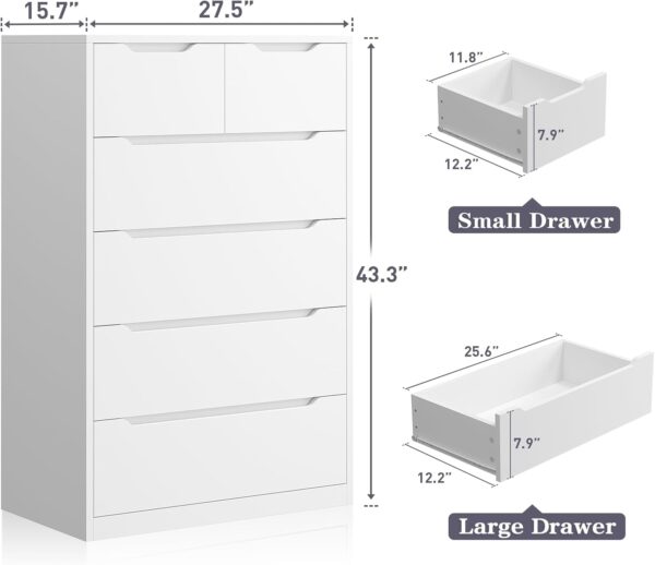 EnHomee Dresser, Dresser for Bedroom, White Dresser with 6 Wood Large Drawers, Dressers & Chests of Drawers with Large Organizer, Tall Dresser with Smooth Metal Rail, White - Image 3