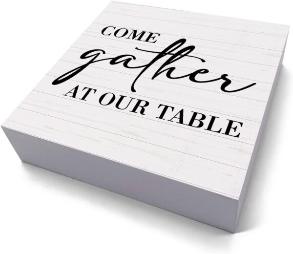 Kitchen Sign Kitchen Decor Desk Decor Wooden Box Sign Housewarming Gift Rustic Wood Block Plaque Box Sign for Home Farmhouse Kitchen Dining Room Shelf Table Decoration Come Gather At Our Table Sign - Image 2