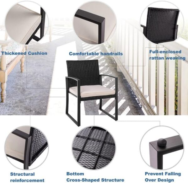 Shintenchi 3 Pieces Outdoor Patio Furniture Set Modern Black Wicker Bistro Set Rattan Chair Conversation with Coffee Table for Yard Porch Poolside Lawn(Beige) - Image 3