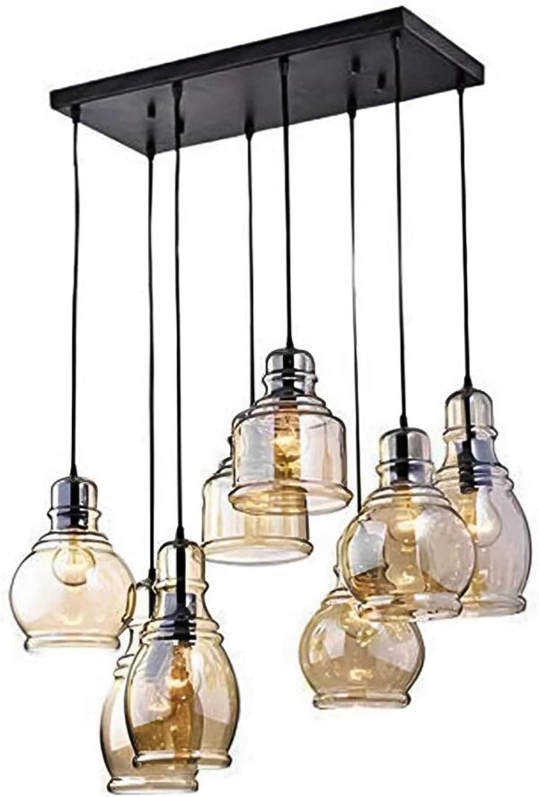 FM-24 Vintage 8-Lights Island Cognac Glass Cluster Pendant Chandelier Antique Black Finish Glass Ceiling Lights for Dining Room, Cafe, Bar