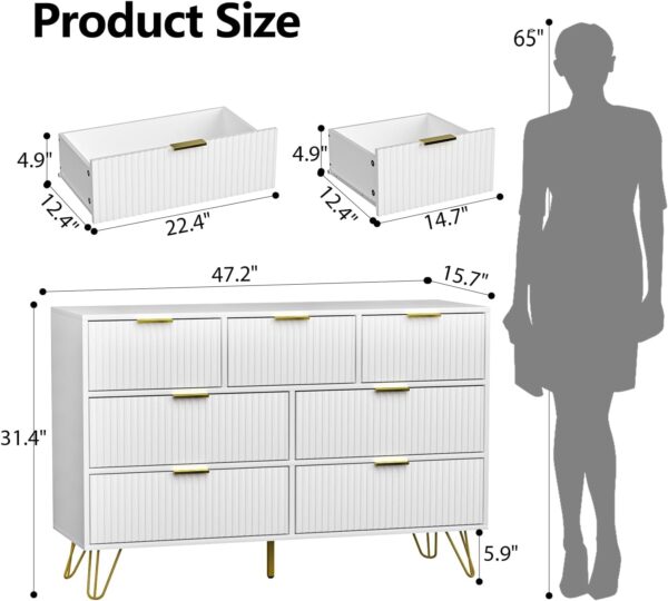 Dresser for Bedroom, White Bedroom Dresser with 7 Drawers, Modern Wide Dresser with Gold Pulls,White - Image 2