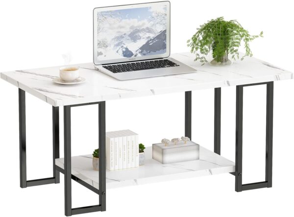 AWQM Marble Coffee Table, Faux Marble Top Rectangular Coffee Table with Black Metal Frame, 2 Tier Living Room Table for Living Room, Office, Balcony, White, 40 Inch - Image 7