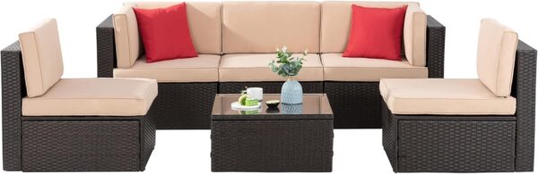 Shintenchi 6 Pieces Patio Furniture Sets Outdoor All-Weather Sectional Patio Sofa Set PE Rattan Manual Weaving Wicker Patio Conversation Set with Glass Table&Ottoman Cushion and Red Pillows, Neutral - Image 7