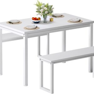 soges Kitchen Table Set with 2 Benches, White Dining Table Set for 4, 3 Piece Dining Room Table and Long Benches, Breakfast Table Coffee Table Set, Industrial Style Wooden Kitchen and Dining Room Set
