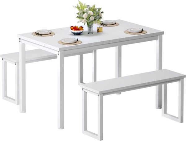 soges Kitchen Table Set with 2 Benches, White Dining Table Set for 4, 3 Piece Dining Room Table and Long Benches, Breakfast Table Coffee Table Set, Industrial Style Wooden Kitchen and Dining Room Set