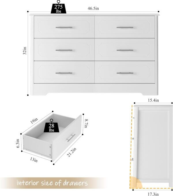 HOSATCK 6 Drawer Dresser, Modern White Double Dresser, Wide Chest of Drawers with Metal Handels, Accent Wood Storage Dresser Chest Organizers for Living Room, Hallway, Entryway (Trapezoid/White) - Image 5
