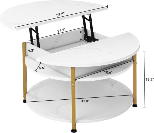 DWVO Round Coffee Table for Living Room, Lift Top Coffee Table with Hidden Compartment, Modern Coffee Table with Storage for Home Office Living Room (Marble White) - Image 2