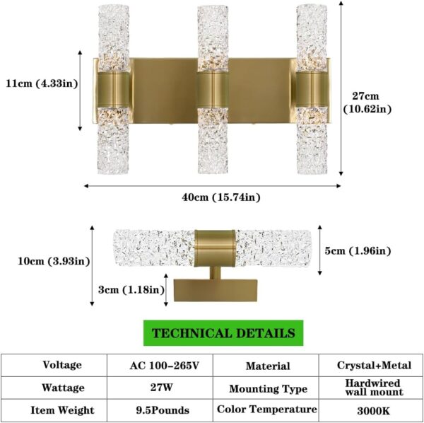 Gold Bathroom Light Fixture, Modern Gold Vanity Light for Bathroom, Crystal 6 Light Bathroom Light Fixtures Over Mirror, 27w LED Bathroom Wall Sconce 3000K Warm White - Image 7