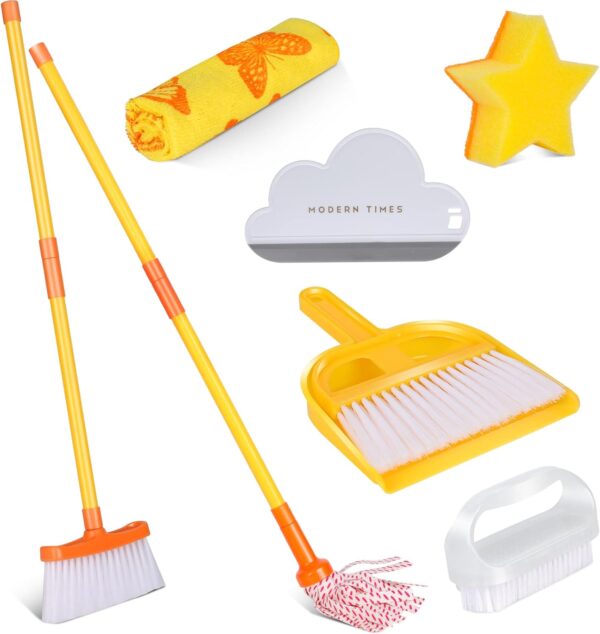 Masthome Kids Cleaning Set, 8 Piece Cleaning Toys Set, Includes Mop, Broom, Brush, Dustpan, Microfiber Cloth, Cleaning Sponge, Squeegee, Window Scraper, Pretend Play Toys for Girls Boys - Yellow