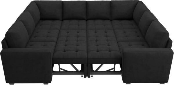 HONBAY Modular Sectional Sleeper Sofa with Pull Out Bed, Velvet Convertible U Shaped Sectional Couch with Storage Seat, Sectional Couches for Living Room, Balck - Image 7