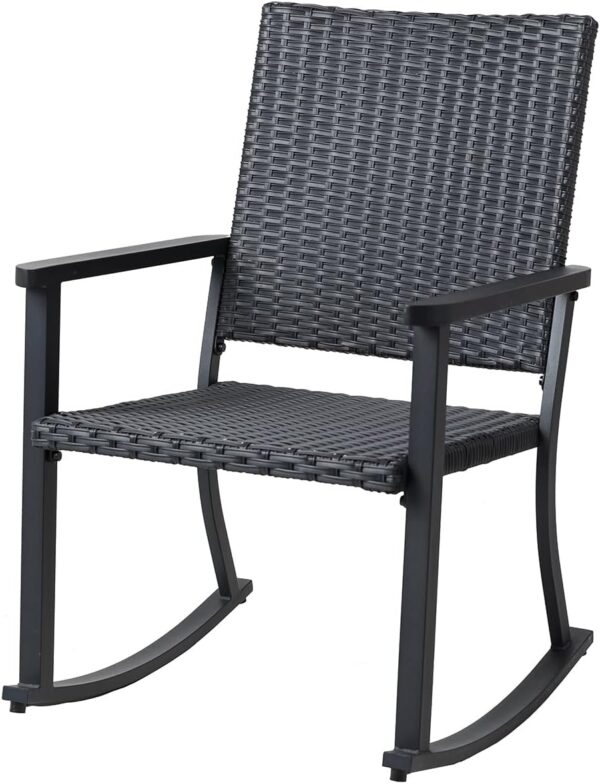 All Weather Patio Wicker Rocking Chair with Arms Steel Outdoor Rocker Furniture, Black
