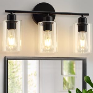 3 Light Bathroom Vanity Light, Black Vanity Lights for Bathroom, Modern Bathroom Light Fixtures Over Mirror with Clear Glass Shade, Wall Sconce Lighting for Bedroom Living Room Hallway