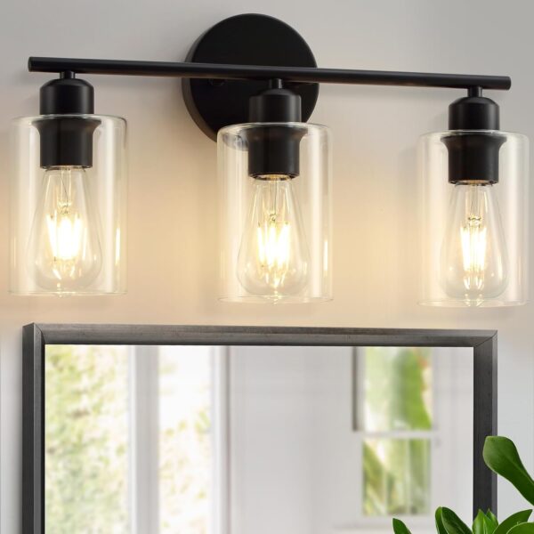 3 Light Bathroom Vanity Light, Black Vanity Lights for Bathroom, Modern Bathroom Light Fixtures Over Mirror with Clear Glass Shade, Wall Sconce Lighting for Bedroom Living Room Hallway