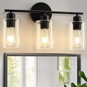 3 Light Bathroom Vanity Light, Black Vanity Lights for Bathroom, Modern Bathroom Light Fixtures Over Mirror with Clear Glass Shade, Wall Sconce Lighting for Bedroom Living Room Hallway