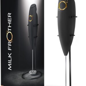 Milk Frother Matte Black - Coffee Frother Handheld with Electric Whisk - 19000 rpm - Book Recipes and Stainless Steel Stand Included - Hand Mixer Electric (Matte Black Onyx)