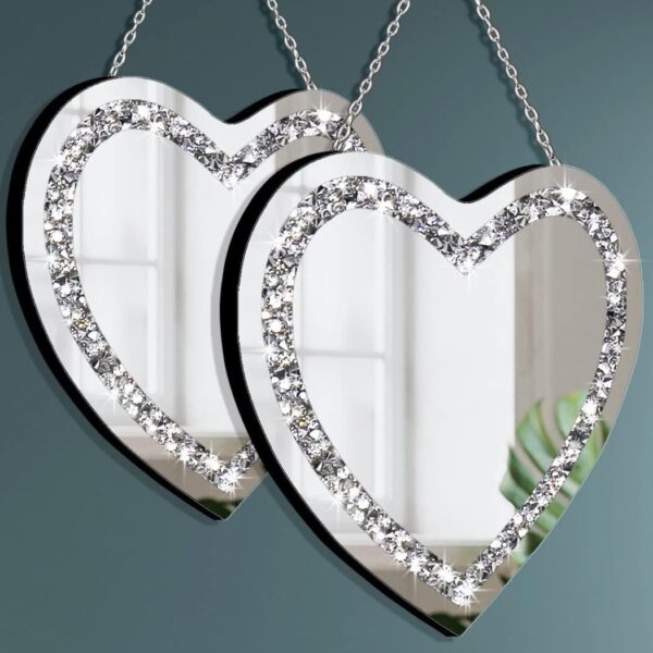 DMDFIRST Heart Shaped Silver Glass Mirror 2 Pack 12x12inch Crystal Crush Diamond Decor Chain Mirror for Wall Decoration - Image 2