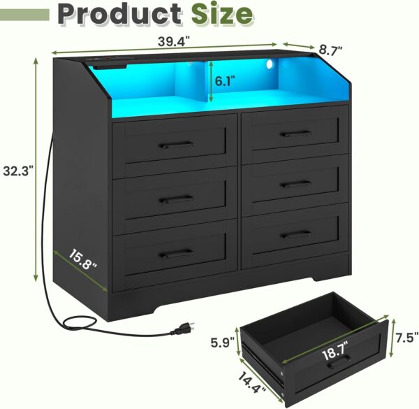 Hasuit Black 6 Drawers Dresser with LED Lights and Charging Station, Modern Wood Bedroom Storage Tower Clothes Organizer, Chest of 6 Drawers Storage Cabinet with Deep Drawers for Bedroom, Living Room - Image 2