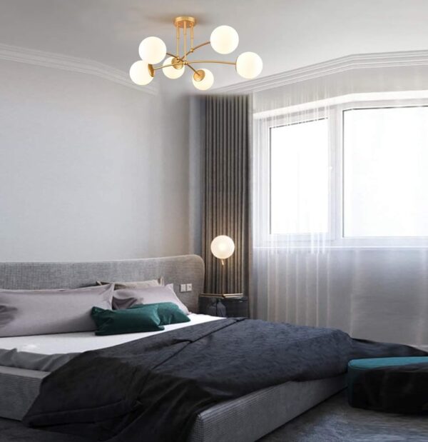 CLAXY Mid Century Gold Ceiling Light Semi Flush Mount Opal Globe Chandelier 6-Light Ceiling Chandelier for Bedroom Living Room - Image 4