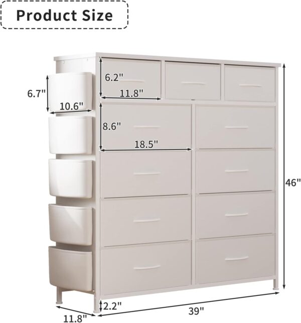 Dresser for Bedroom with 11 Drawer, Dressers & Chests of Drawers with Side Pockets, Hooks, Fabric Storage Drawer, Steel Frame, Wood Top, Organizer Unit and Pull Handle for Closet. - Image 3
