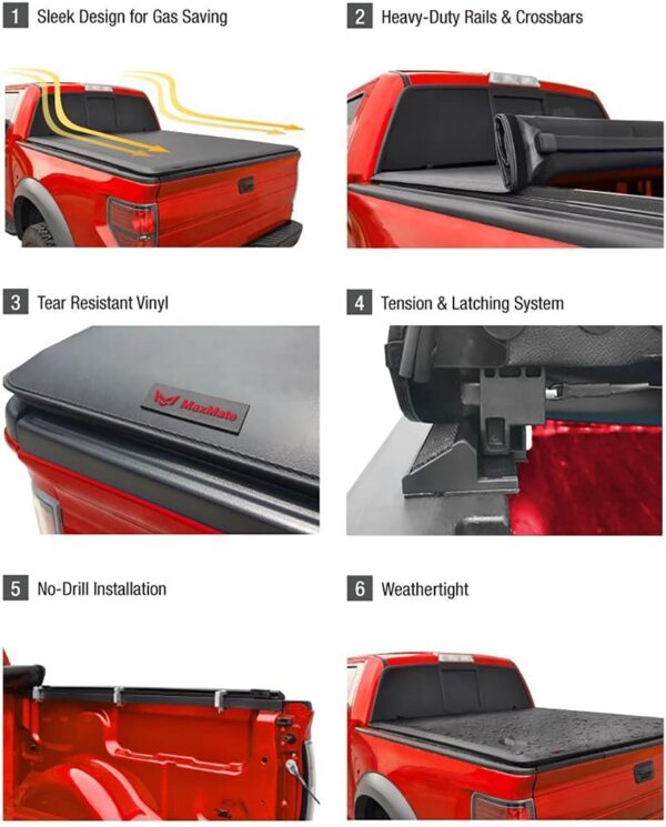 MaxMate Soft Roll-up Truck Bed Tonneau Cover Compatible with 1982-2013 Ford Ranger; 1994-2010 Mazda B-Series | Fleetside 6' (73") Bed | TCF169025 - Image 5