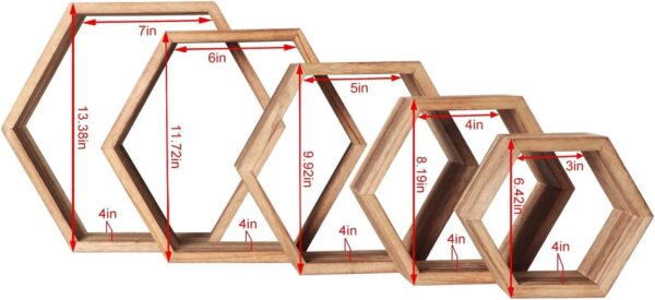 PHOENANCEE Hexagon Floating Shelves,Honeycomb Shelf Set of 5,Octagon Shelves Wall Mounted Hanging Storage Cube Wood for Bathroom Kitchen Bedroom Living Room Office Home - Image 7