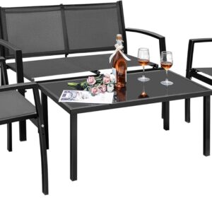 Flamaker 4 Pieces Outdoor Patio Furniture Textilene Modern Conversation Black Bistro Set with Loveseat Tea Table for Home, Lawn and Balcony