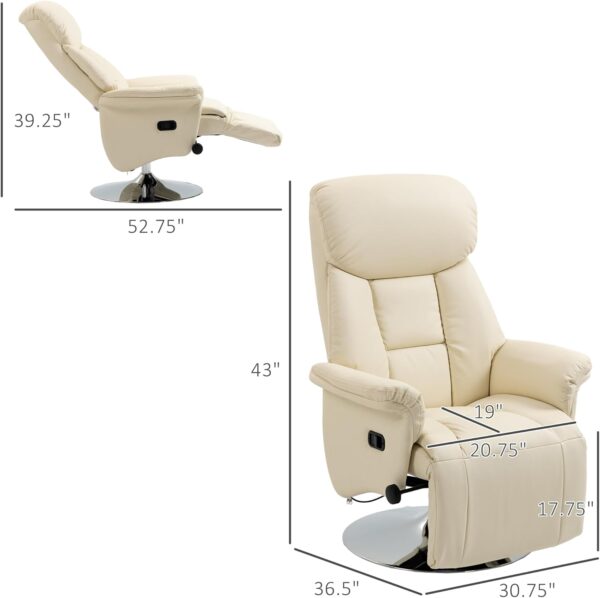 HOMCOM Swivel Recliner Chair, PU Leather Reclining Chair with Retractable Footrest, Padded Arms for Living Room - Cream White - Image 3