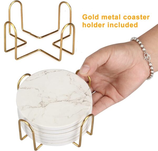 6 Pcs White Marble Coaster Set with Holder Absorbent Coasters Drink Coasters Ceramic Bar Coasters Cute Dining Coffee Table Coasters Decor Gift Cup Stone Modern Coasters for Beverage Beer Coasters - Image 5