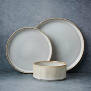 Famiware Star Dinnerware Sets, Plates and Bowls Set for 4, 12 Piece Dish Set, Ribbed, Cappuccino White