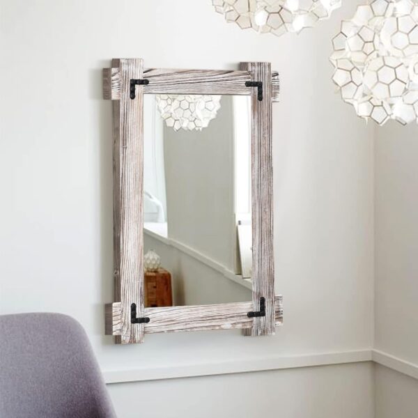 Rustic Mirror Wood Mirror for Bathroom, Decorative Framed Wall Mirror, Farmhouse Natural Vanity Mirror, Wall Mounted Rectangular Mirror for Bedroom Living Room, Wood Mirror Small 20x30 Inch, White - Image 2